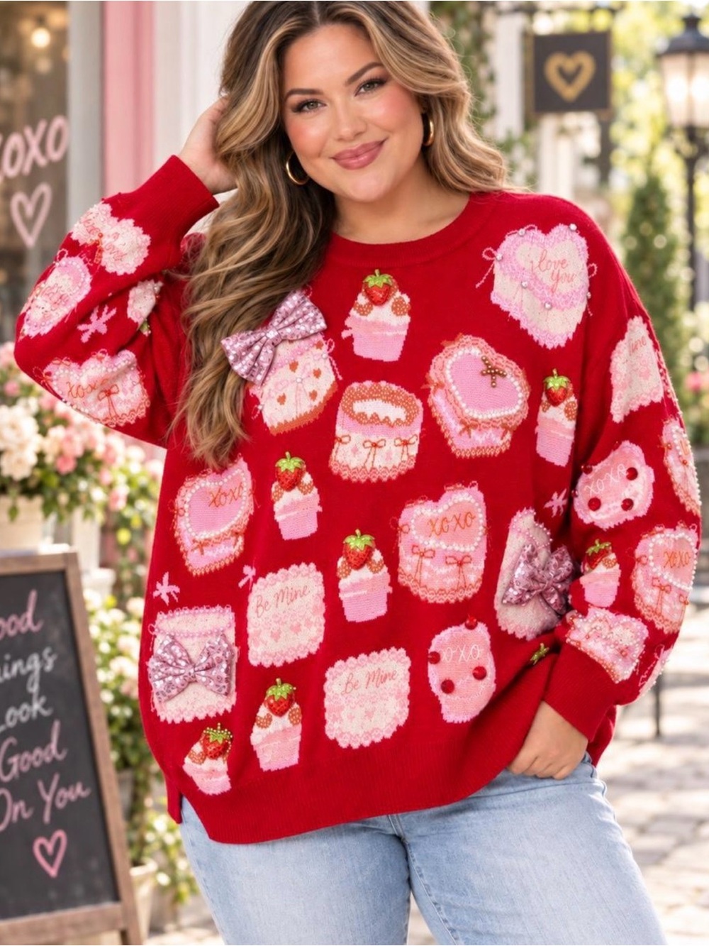 QUEEN OF SPARKLES Red Crewneck Sweater with Pink Dessert Appliqués